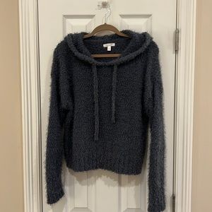 Plush cropped  “hoodie” sweater in steel blue